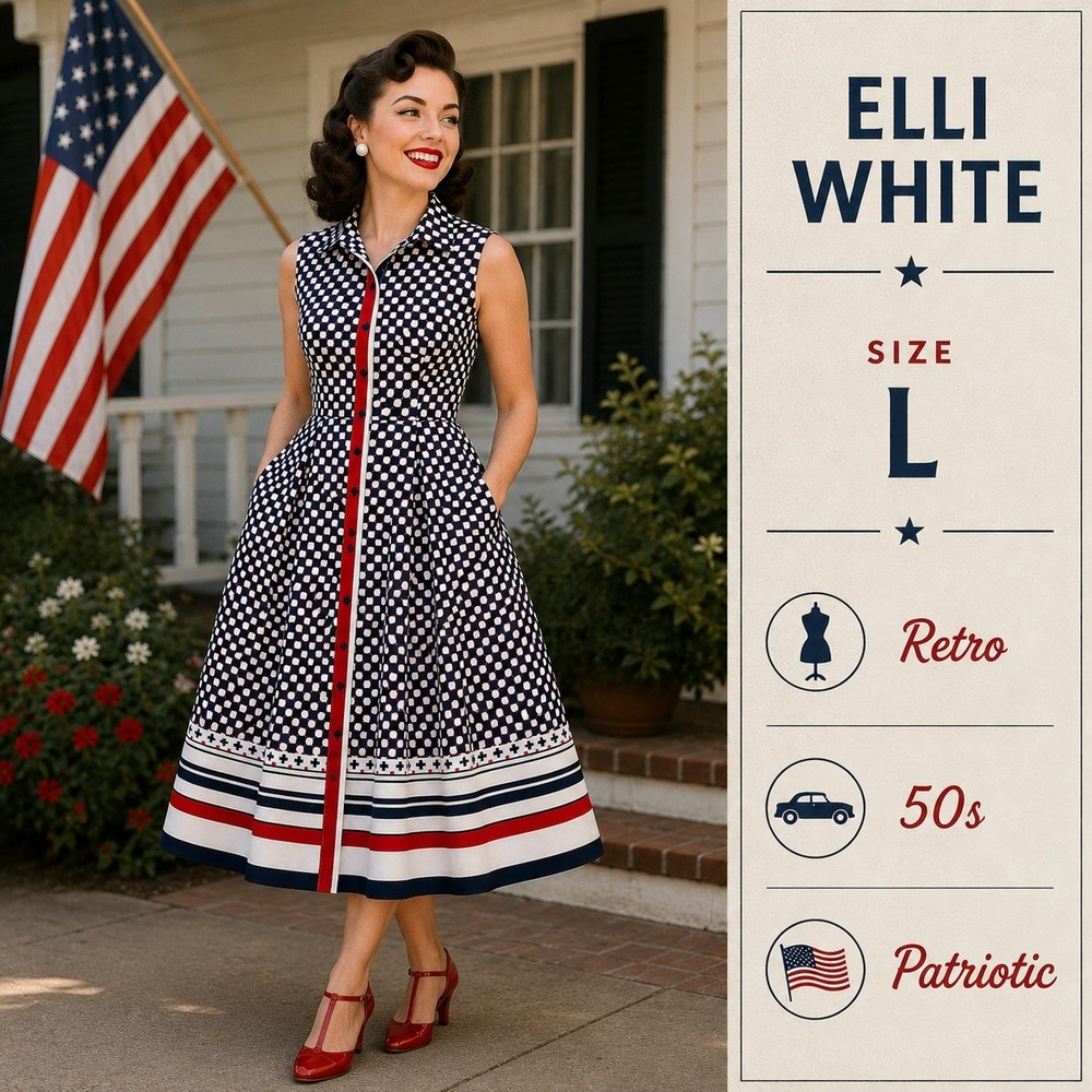 Elli White A-Line Dress Women Large Navy Red White Geometric A-Line Pockets Midi